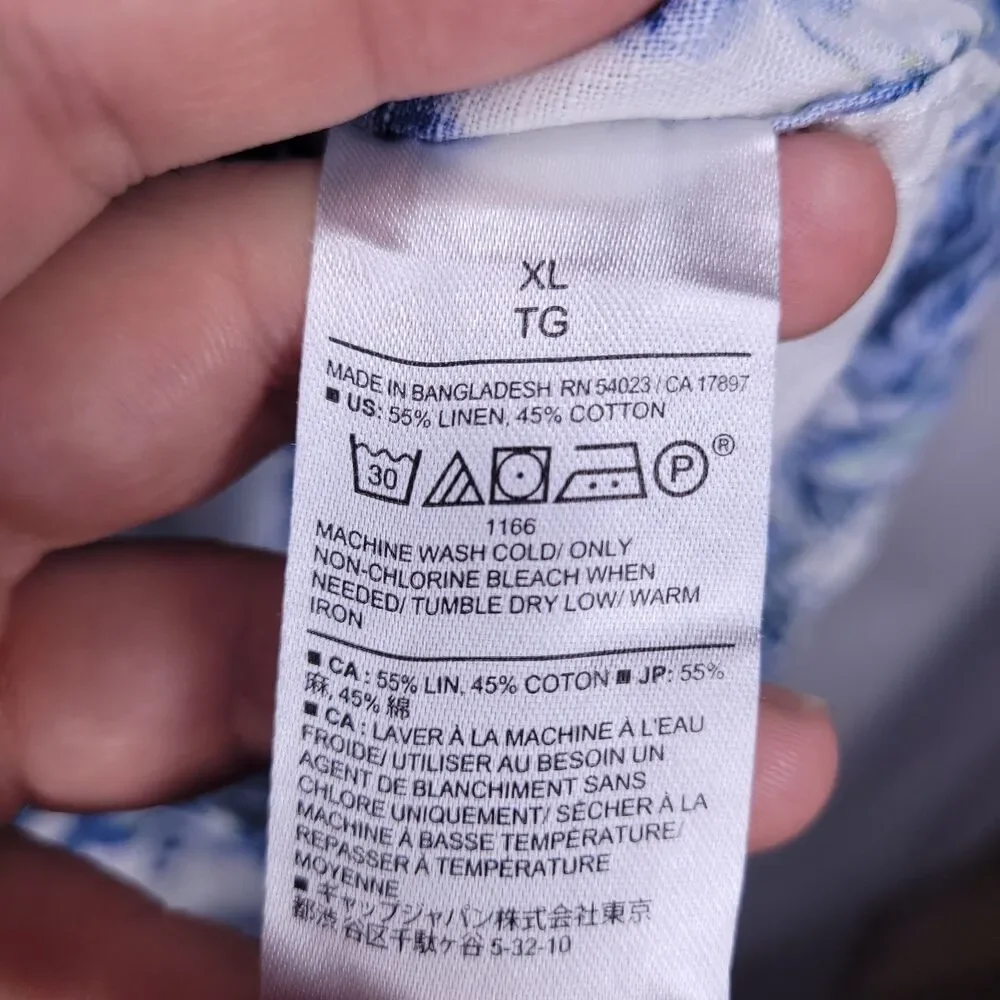 Banana Republic Linen Shirt Mens XL Floral Palm Blue, White Slim Fit